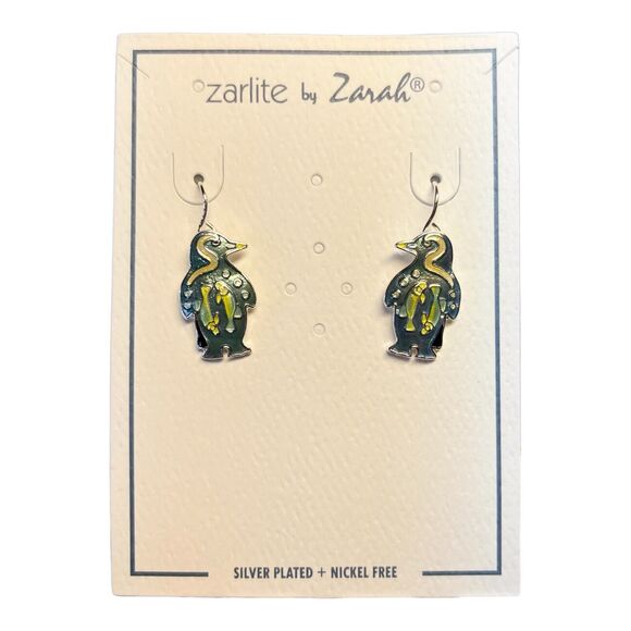 Little Penguin Dangle Earrings Sterling Silver Plated Enamel Zarlite Zarah - Picture 2 of 3